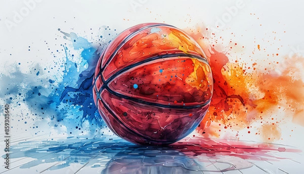 Fototapeta Abstract watercolor basketball ball illustration artwork with colorful paint splashes and stains on white background for sports, advertisements and art theme, 4K