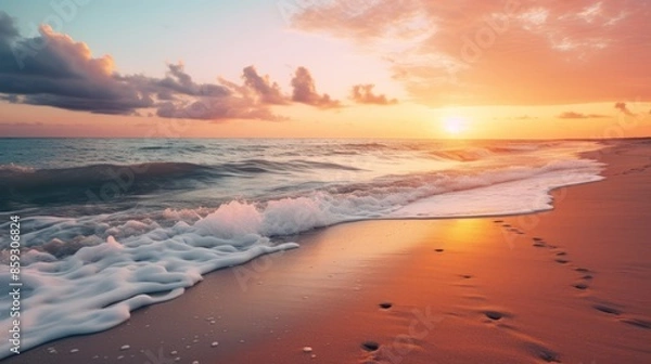 Obraz Sunrise on the beach with gentle waves and the sun emerging on the horizon