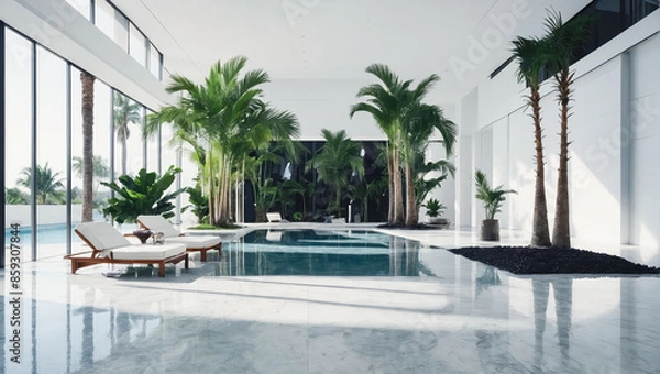 Fototapeta A luxurious indoor pool area with tall palm trees and elegant white decor. The space features large windows, modern lounge chairs, and a serene ambiance, perfect for relaxation and leisure.