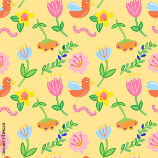 Fototapeta Colorful birds and flowers seamless pattern