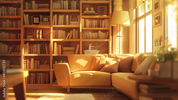 Fototapeta Cozy Living Room with Sunlight and Bookshelf.