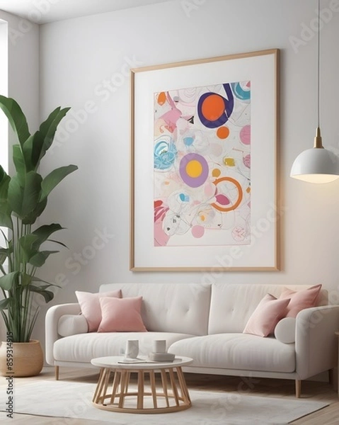 Fototapeta Scandinavian room interior with mock up photo frame, Luxury living room in house with modern interior design, Modern interior design. 3D render
