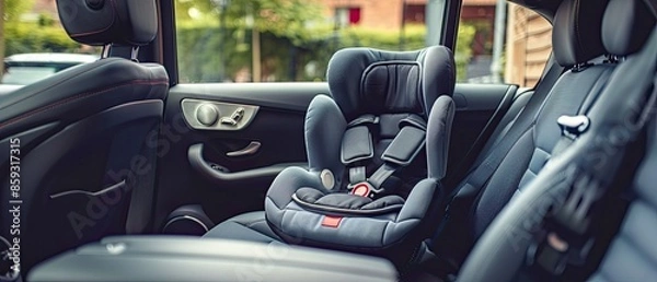 Obraz Child car seat installed in the backseat of a modern vehicle, ensuring safety and comfort for young passengers during travel.