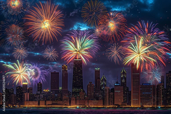 Fototapeta Chicago skyline at night with fireworks exploding in the sky, colorful bursts illuminating the buildings