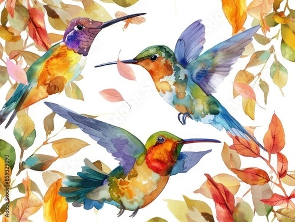 Fototapeta colibri birds pattern, watercolor style. ai generated