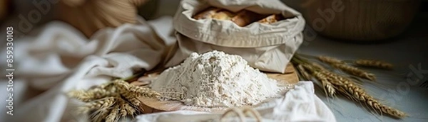 Fototapeta A rustic scene with a sack of flour, wheat stalks, and a wooden board creating a cozy bakery atmosphere.