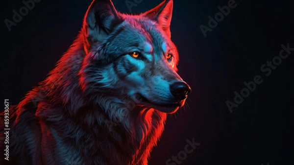 Obraz wolf with dark background and neon light
