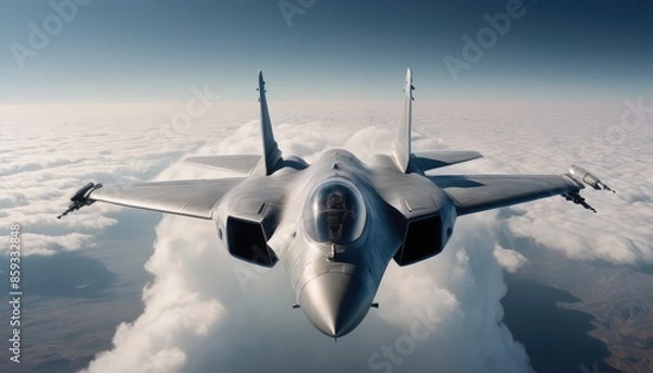 Fototapeta A state-of-the-art fighter jet in flight, cutting through the sky above the clouds with precision and power