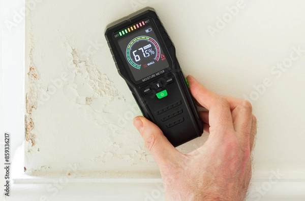 Fototapeta Moisture meter against a wall with rising damp, UK home interior