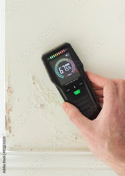 Fototapeta Moisture meter against a wall with rising damp, UK home interior