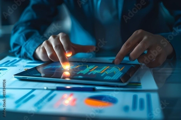Obraz Businessman Analyzing Sales Data and Financial Report with Tablet