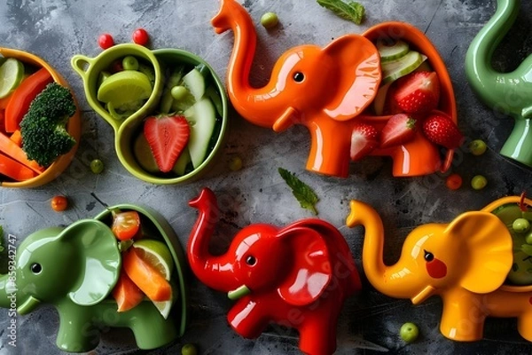Obraz Children's Meals in Elephant Dishes. Nutritious and Fun