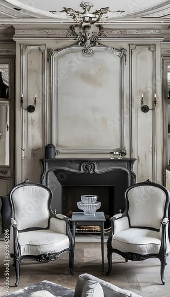 Obraz Modern Living Room Design. Chairs and Sofa by Fireplace