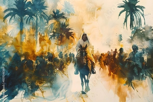 Obraz Palm Sunday. Watercolor of Jesus Entering Jerusalem