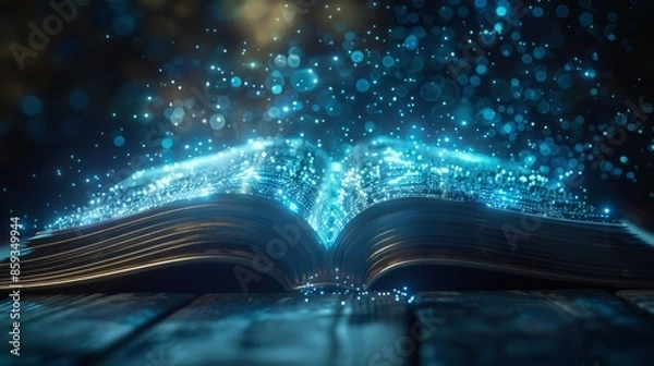 Obraz Magic Book with Glowing Blue Particles
