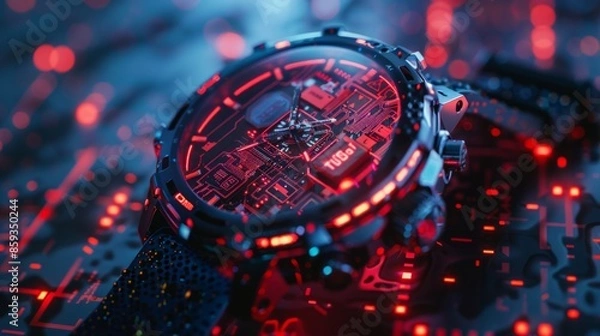 Fototapeta Futuristic Red Glow Watch with Circuitry Display
