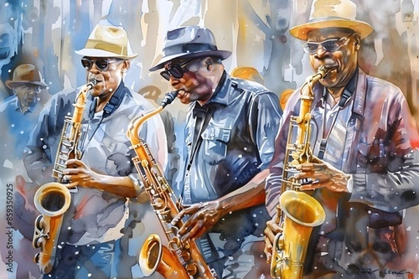 Obraz Men Playing Jazz Instruments. Watercolor Painting