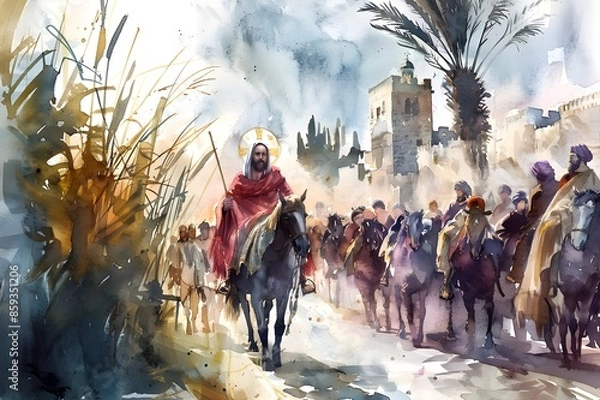Fototapeta Jesus Entering Jerusalem. Palm Sunday Watercolor Illustration