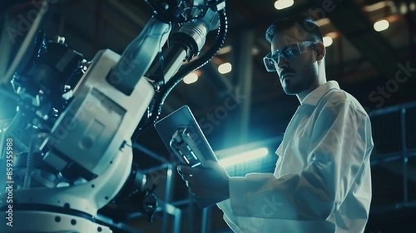 Fototapeta Young engineer with tablet pc examining robotic arm in industry : Generative AI