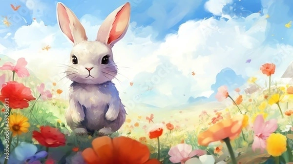 Fototapeta Bunny in a Flower Field A happy bunny holding an Easter egg