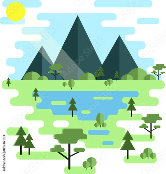 Obraz Nature, mountains, ecological landscape, color flat vector illustration design. A landscape of sunny mountains with trees and a pond.