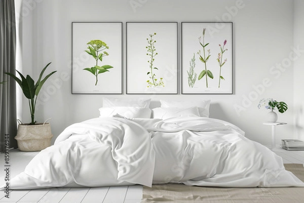 Fototapeta A modern white bedroom with clean lines, minimal decor, and large botanical posters above the bed.
