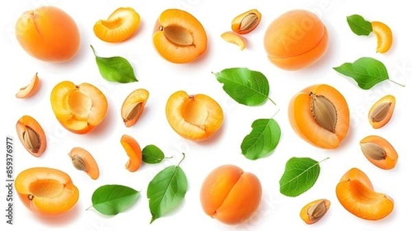 Obraz Collection of raw apricot fruits with pieces leaves and kernel isolated on white background : Generative AI