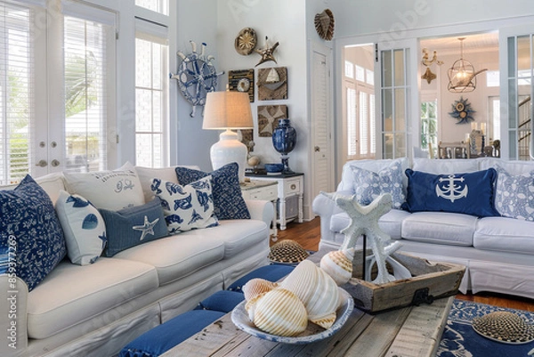 Fototapeta A nautical-themed living room with blue and white color scheme, coastal decor, and seashell accents.