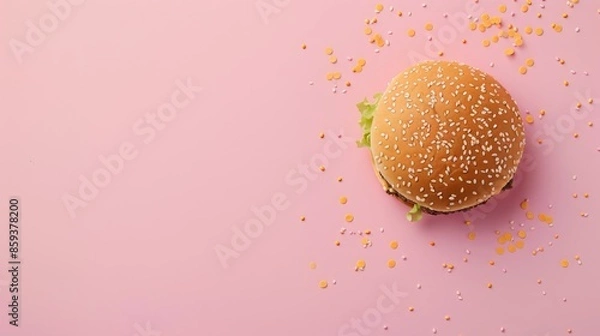 Obraz Cheeseburger on a pink background, with extensive empty space around for adding promotional text or visuals.
