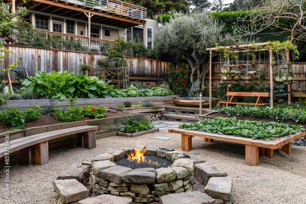 Fototapeta A rustic backyard with a stone fire pit, wooden benches, and a vegetable garden with raised beds and trellises.