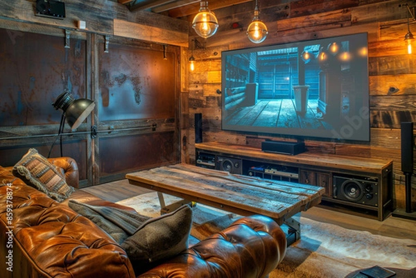 Fototapeta A rustic TV lounge with a leather couch, a wooden coffee table, and a large flat-screen TV, set against a backdrop of reclaimed wood walls and warm lighting.