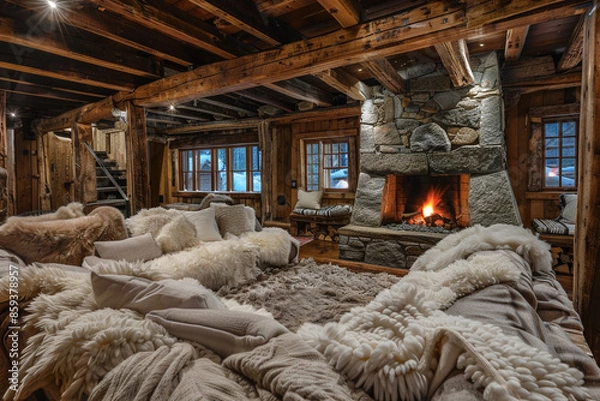 Fototapeta A rustic living room featuring wooden beams, a stone fireplace, and cozy seating with fluffy throw blankets.