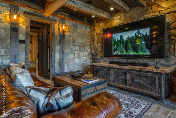 Fototapeta A rustic TV lounge with a leather couch, a wooden coffee table, and a large flat-screen TV, set against a backdrop of stone walls and warm ambient lighting.