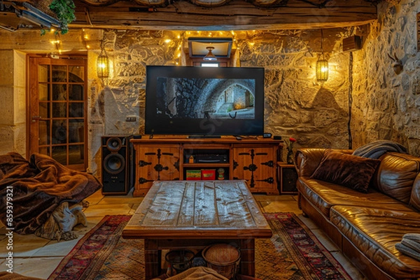 Fototapeta A rustic TV lounge with a leather couch, a wooden coffee table, and a large flat-screen TV, set against a backdrop of stone walls and warm ambient lighting.