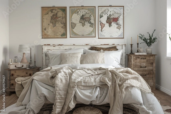Fototapeta A rustic white bedroom with reclaimed wood furniture, cozy throws, and vintage map posters above the bed.