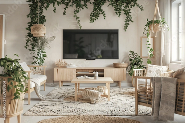 Fototapeta A Scandinavian TV lounge with light wooden furniture, a cozy rug, and a large flat-screen TV, surrounded by minimalist decor and greenery.