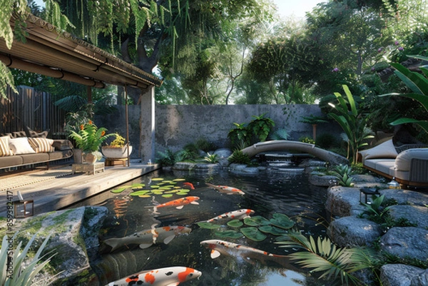 Fototapeta A serene backyard with a koi pond, a small bridge, and a seating area with a view of the tranquil water and lush plants.
