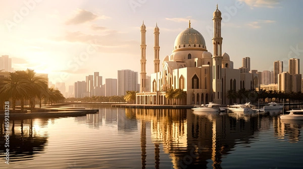 Fototapeta A city with a large mosque in the center.