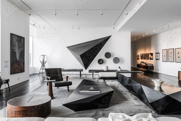 Fototapeta A sleek, modern living room with angular furniture, bold art pieces, and a black and white color scheme.