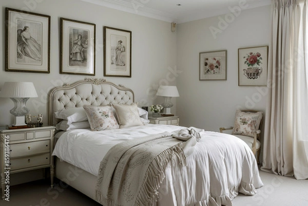 Fototapeta A sophisticated white bedroom with elegant furniture, luxurious fabrics, and classical art posters above the bed.