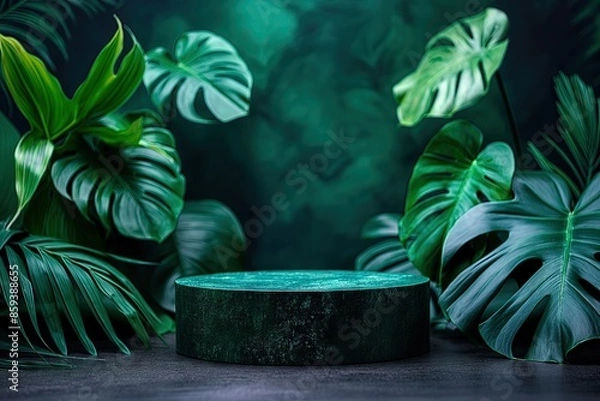 Fototapeta Empty podium for product presentation with palm leaf on seascape, palm trees, summer