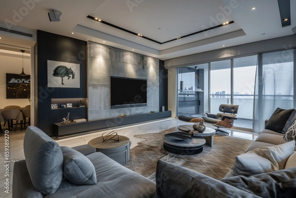 Fototapeta A stylish bachelor pad living room with modern furniture, a monochromatic color scheme, and sleek decor.