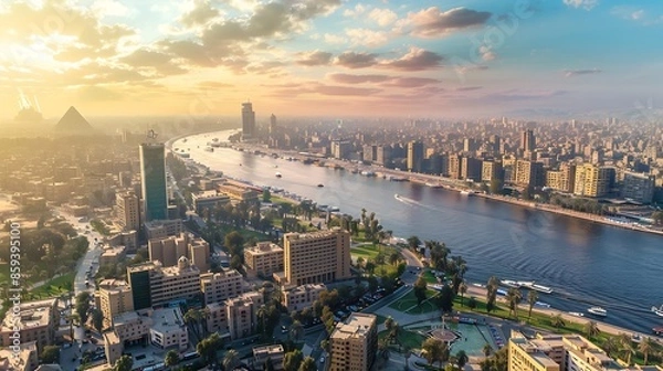 Fototapeta Modern Cairo downtown aerial view over the Nile Egypt : Generative AI