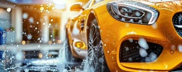 Obraz Modern yellow luxury sport  car in a car wash with foam, transport concept banner. Generative AI.