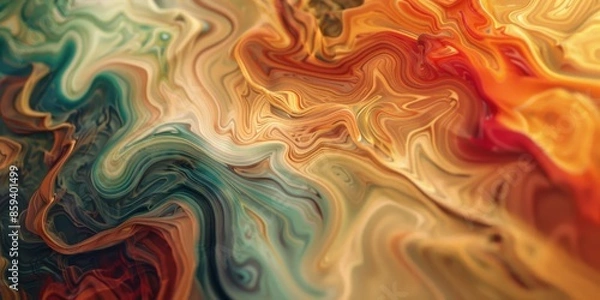 Fototapeta Abstract image with swirling patterns in green, beige, and orange hues, resembling fluid acrylic art.