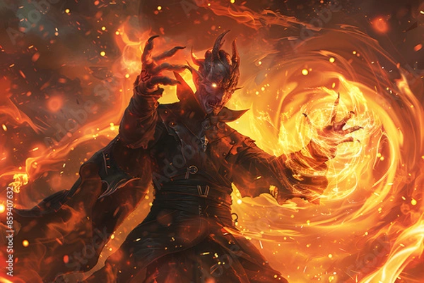 Fototapeta A detailed illustration of a tiefling warlock casting a dark spell, with demonic energy swirling around their outstretched hand, set against a fiery and chaotic background