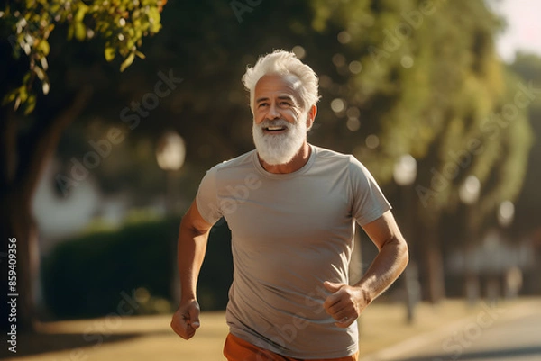 Obraz Elderly bearded handsome man smiling and jogging in the city street