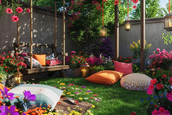 Fototapeta A vibrant backyard with a colorful flower garden, a wooden swing, and a cozy seating area with bright cushions and lanterns.