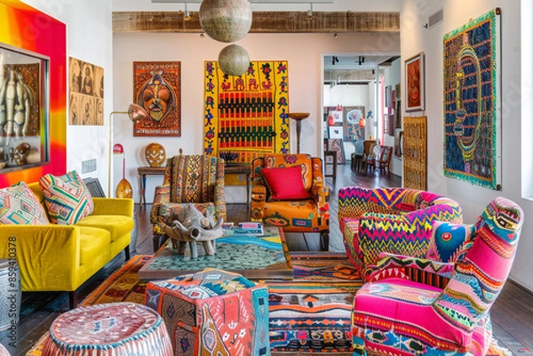 Fototapeta A vibrant, eclectic living room with colorful furniture, unique art pieces, and a mix of textures and patterns.