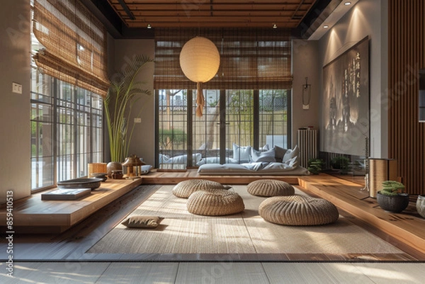 Fototapeta A Zen-inspired living room with natural materials, low seating, and a calming, serene atmosphere.